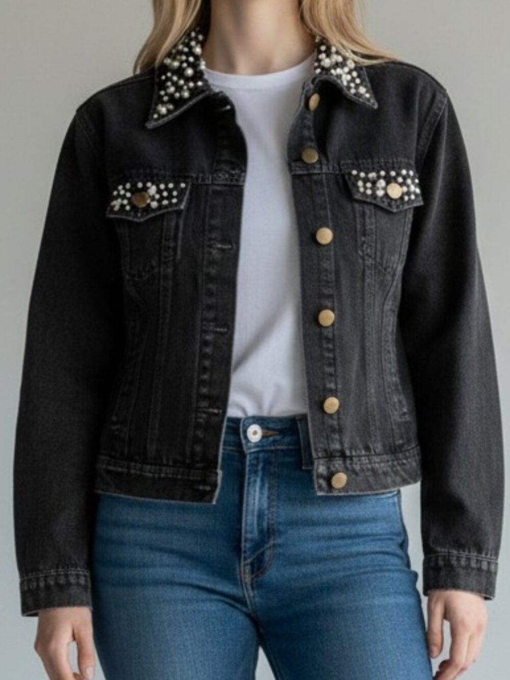 Pearl Embellished Black Denim Jacket